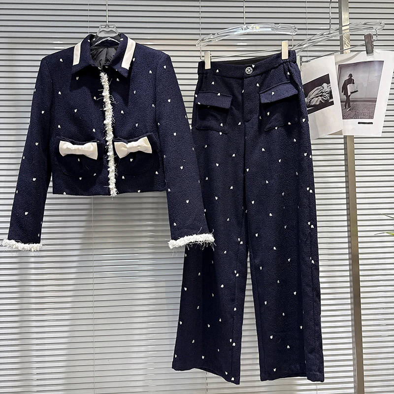 2025 Winter New Heart Embroidered Lapel Collar Contrasting Color Bow Pocket Down Jacket+Pants Small Fragrant Style Set