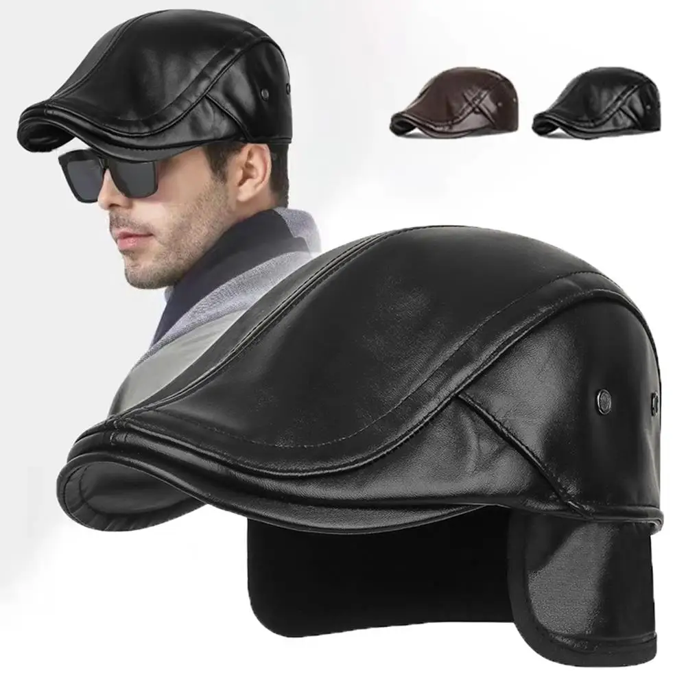 

Adjustable Duck Tongue Hat Outdoor Fleece-Lined Berets Windproof Ear Protection Newsboy Cap Retro Warm PU Leather Forward Hat
