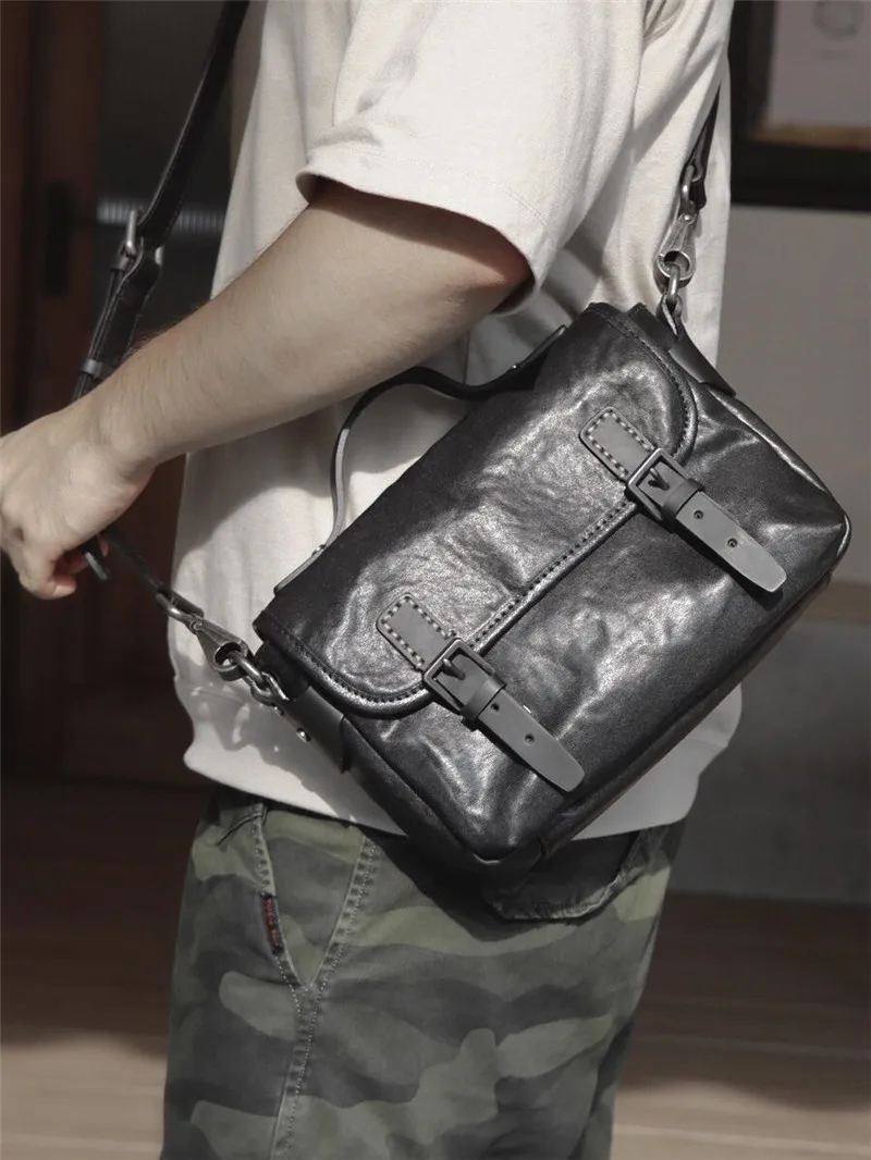 Bolsa de mensajero negra de cuero genuino para hombres y adolescentes, organizador de diseñador informal, bolso de hombro de cuero de vaca real natural para exteriores