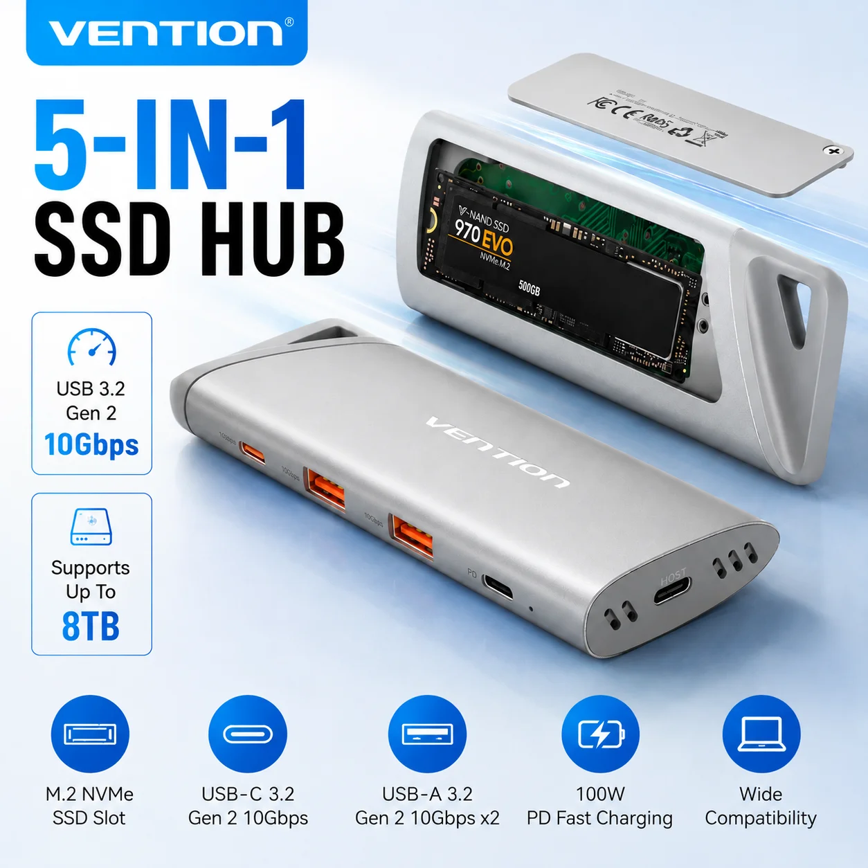 Vention 5 in 1 USB C SSD NVMe Enclosure HUB USB 3.2 Gen2 HUB PD 100W Charger Up to 8TB M.2 SSD Adapter for MacBook Min Laptop