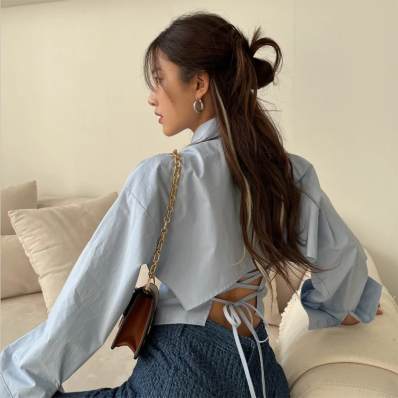 Korean Women Shirts Sweet Bandage Chic Long Sleeve Female Casual Blouse Summer New Solid Turn Down Collar Ladies Crop Tops