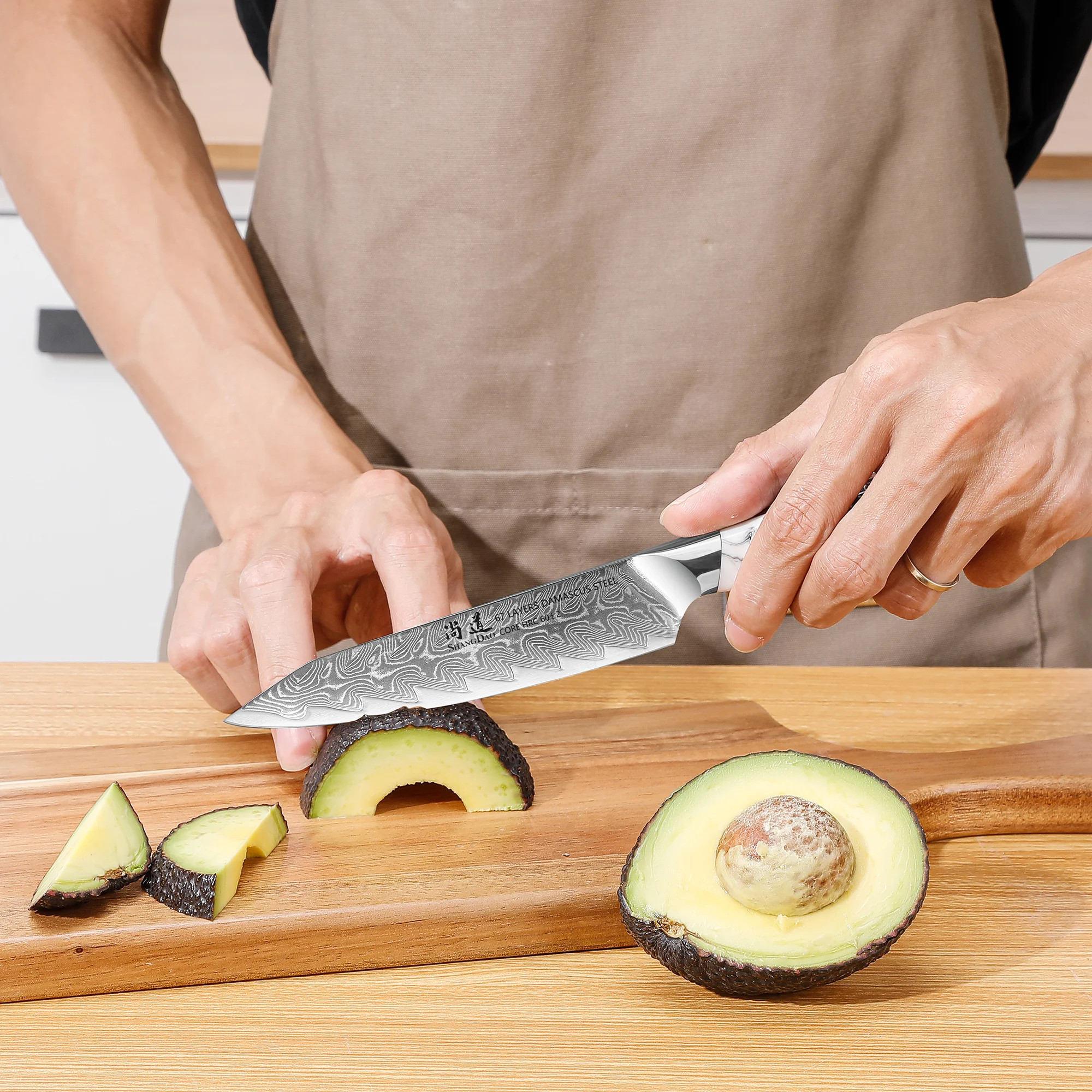 SHANGDAO 67 Layers Damascus Steel 5 Inch Utility Knife, Compact Kitchen Prep Knife, Full Tang Ink and Wash Resin Handle