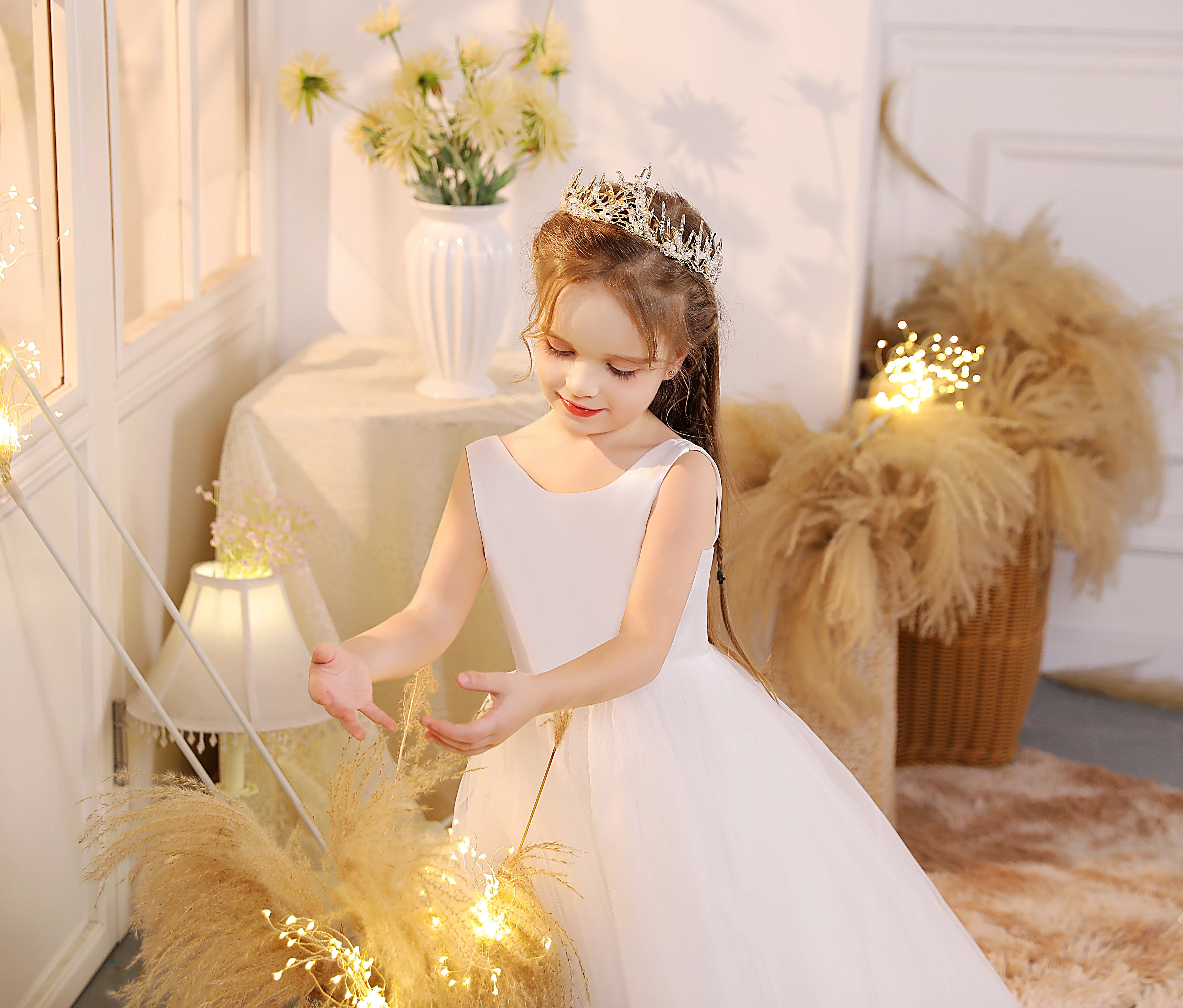 Платья для девочек цвета слоновой кости на свадьбу, пышное Тюлевое, бальное платье принцессы для конкурса, детский день рождения, платье для первого причастия