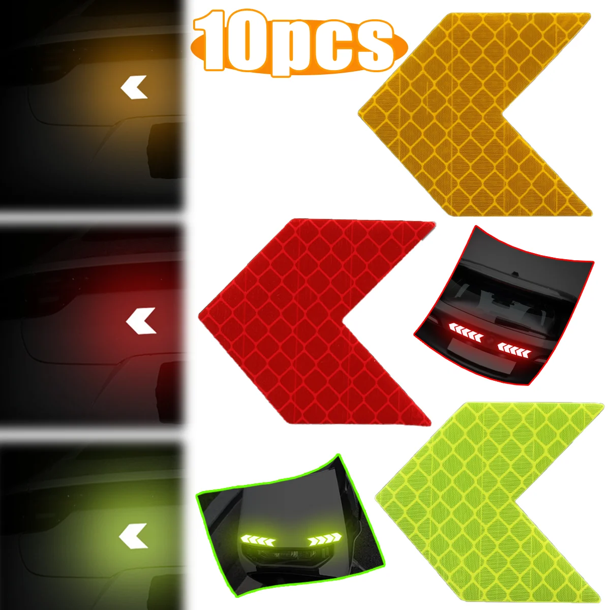 

10Pcs Car Reflective Warning Stickers Night Safety Arrow Sign Tape Self-Adhesive Reflective Styling Decals for Cars Trucks Moto