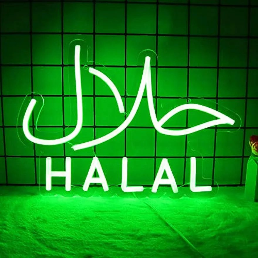 Halal Neon Signs for Halal Food Arabic Restaurants Halal Meat Candy Nail Salon Store Signage for Business Green LED Wall Decor