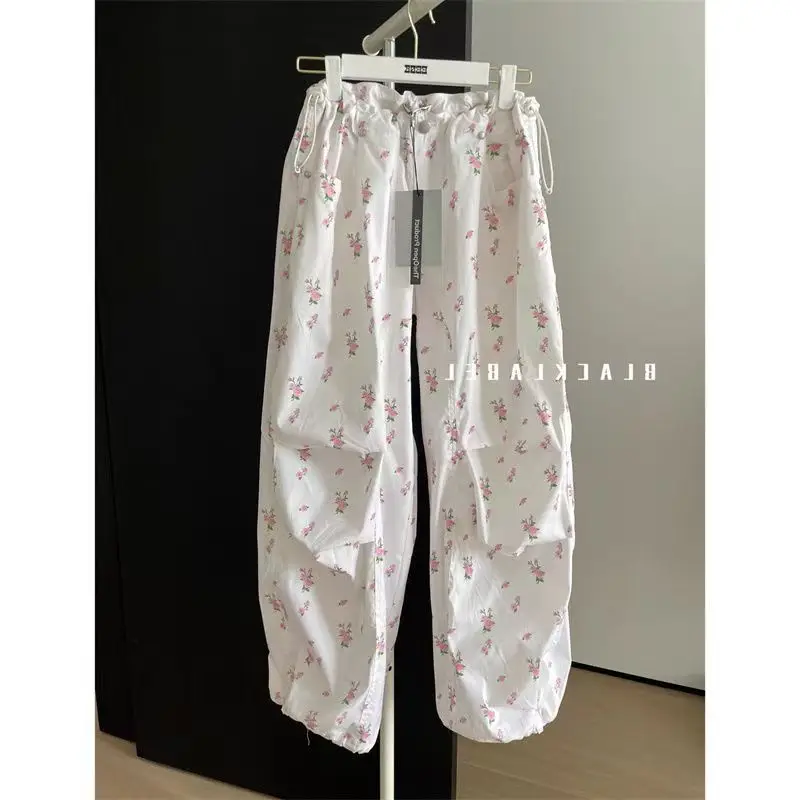 Hello Kitty Pants Floral Overalls Female Drawstring Wide Legs Summer Loose Student Sports Leisure Trousers Clothes Birthday Gift