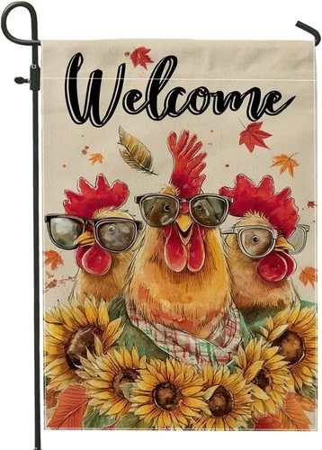 Autumn Harvest Rooster Garden Flag, Colorful Sunflower Outdoor, 12 x 18 Inch XXQ