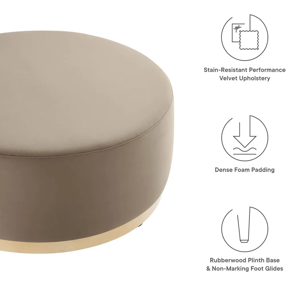 38 Inch Round Performance Velvet Upholstered Ottoman in Taupe Natural - Round Ottoman Coffee Table for Living Room