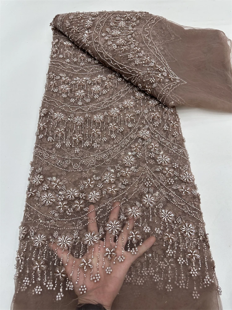 

2025 New African French Nigerian High End Lace Fabric With Beads Sequins Mesh for Embroidery Wedding Party Bride Sewing Dress