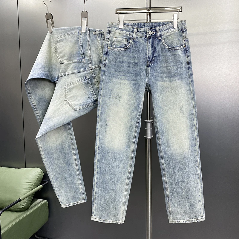 Thin section of light blue jeans high end trend loose straight pants spring and summer models casual versatile pants men