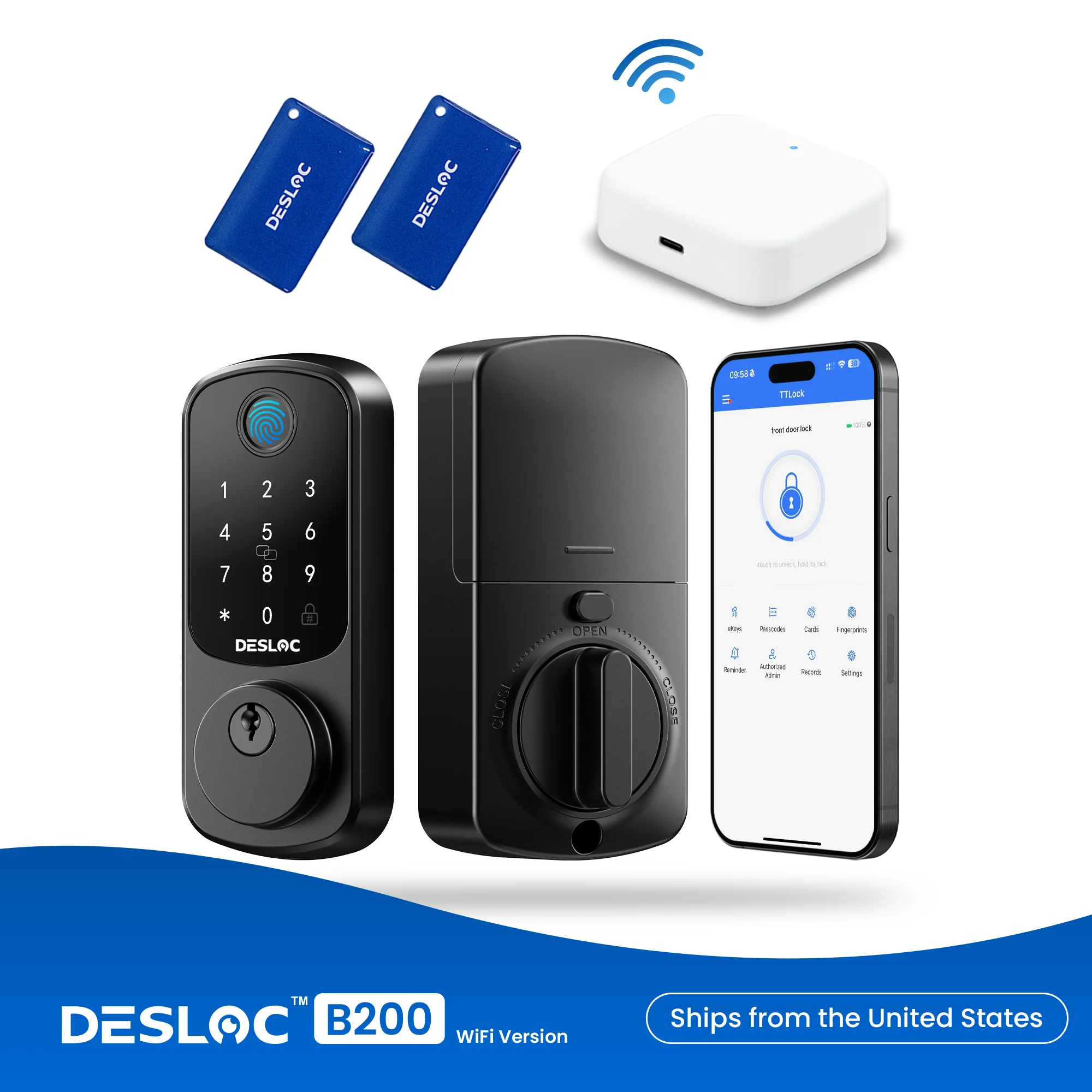 

DESLOC B200 WiFi Smart Door Lock, Fingerprint Keyless Entry Door Lock, App Remote Control, Smart Locks for Front Door, Deadbolt
