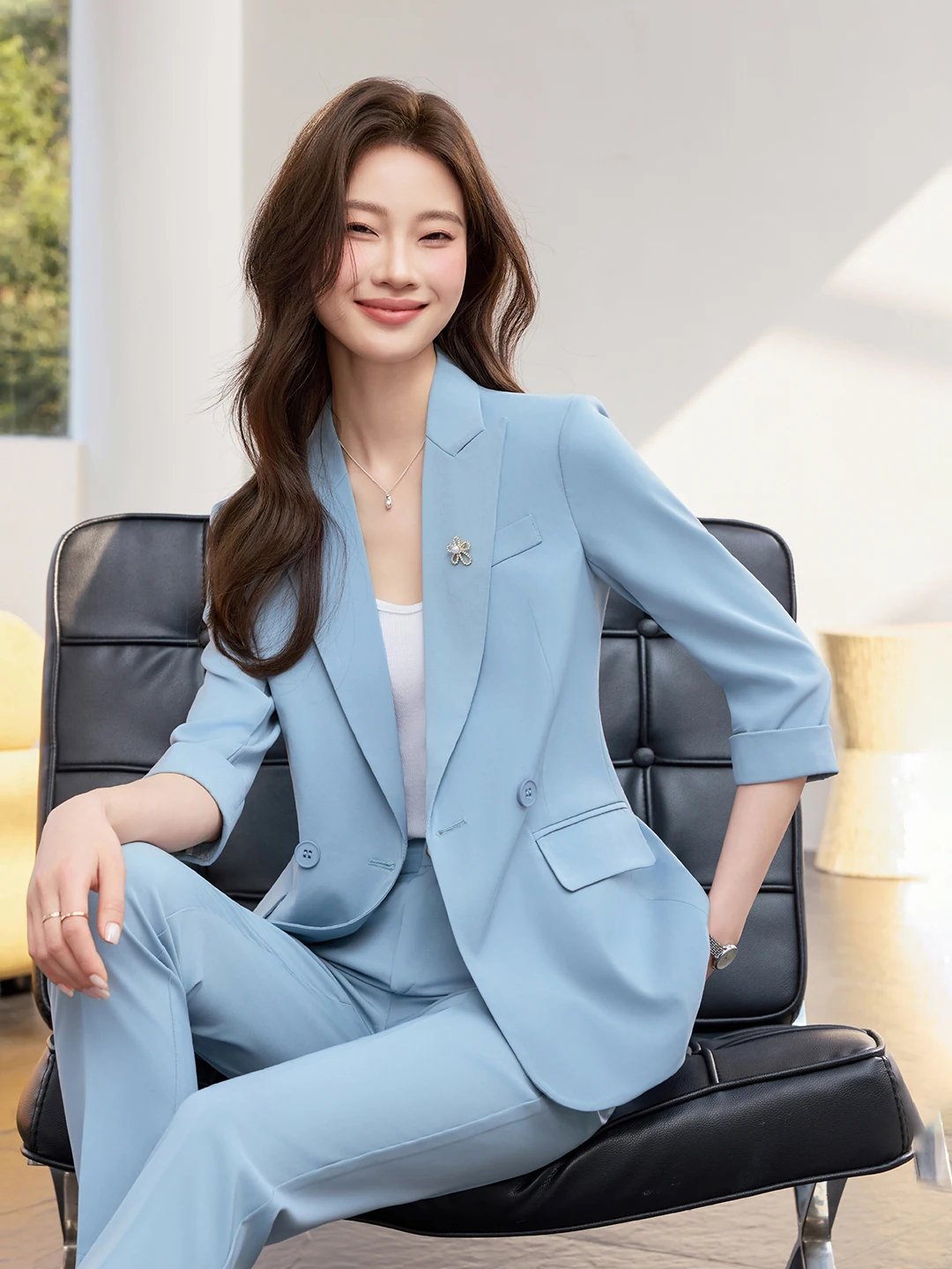 

Fashionable Korean Style Seven Sleeve Suit Set Women Casual Commute Outerwear Pure Color Slim Fit Polyester Fiber Suit