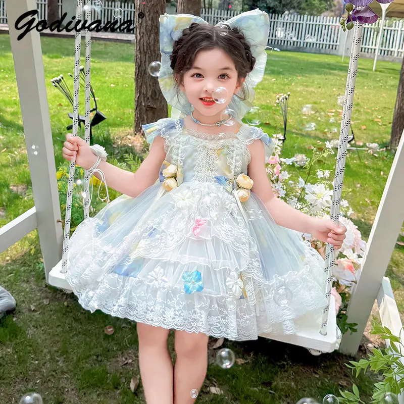 

Elegant Sweet Baby Girls 2026 New Summer Lolita Princess Dress Kids Feifei Sleeve Lace Embroidery 3D Floral Birthday Party Gown