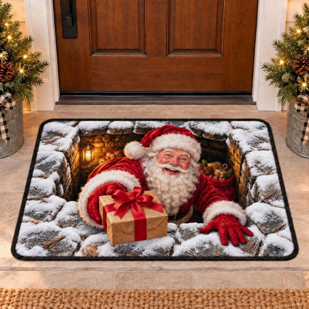 3D Santa Claus Chimney Doormat Funny Christmas Gift Welcome Rug Realistic Snow Stone Winter Entrance Floor Mat Area Rug