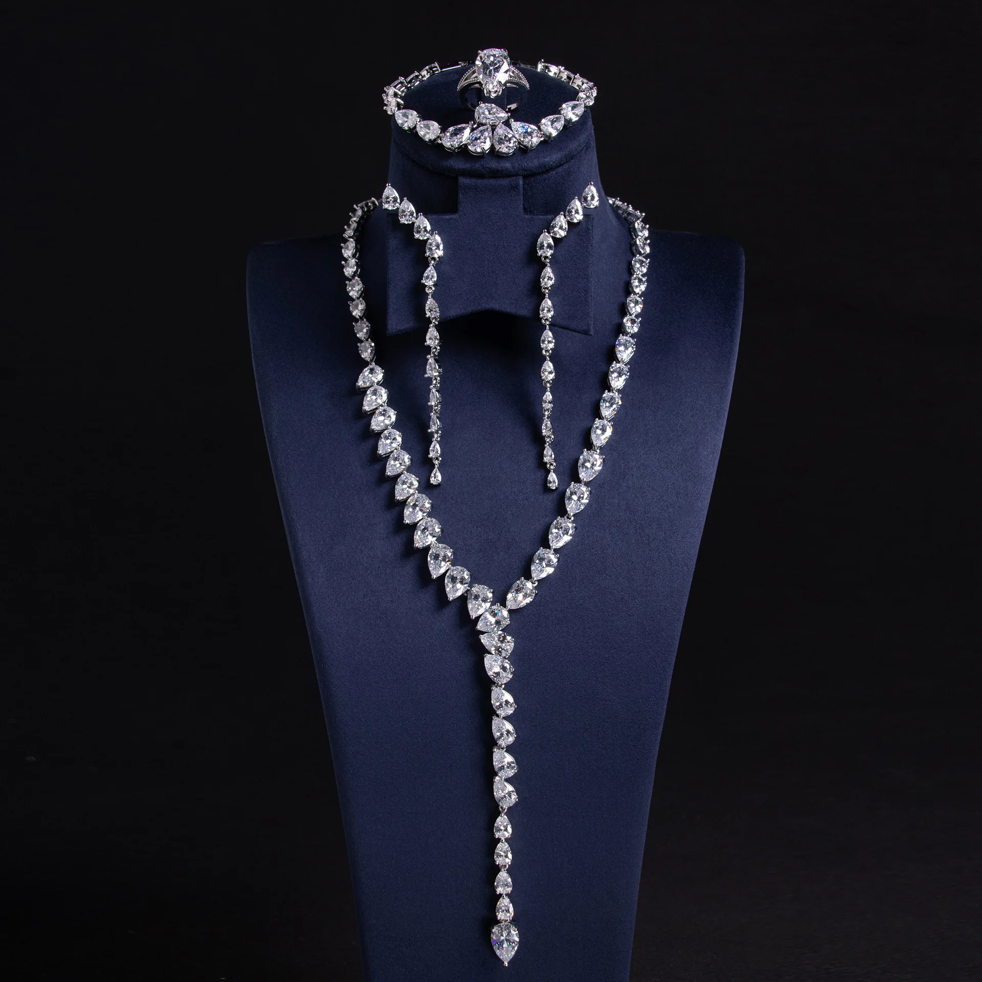 

Wedding dress jewelry set simple two-color splicing water drop zircon bracelet ring necklace earrings four-piece set
