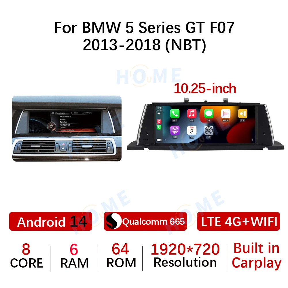 10.25/12.5 بوصة أندرويد 14 كوالكوم 665 مشغل فيديو الوسائط المتعددة للسيارة لسيارات BMW 5 Series GT F07 CIC/NBT 2009-2018 Carplay Auto