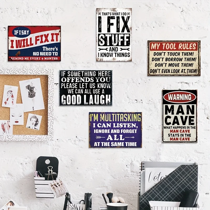 6pcs Humorous Quotes Vintage Metal Signs, Funny  Wall Art Tool Decor for Man Cave Signs, Rustic Wall Decorations for Man Cave Gift 8x12 Inches Tin Signs for Garage, for Man Cave, Office, Workshop