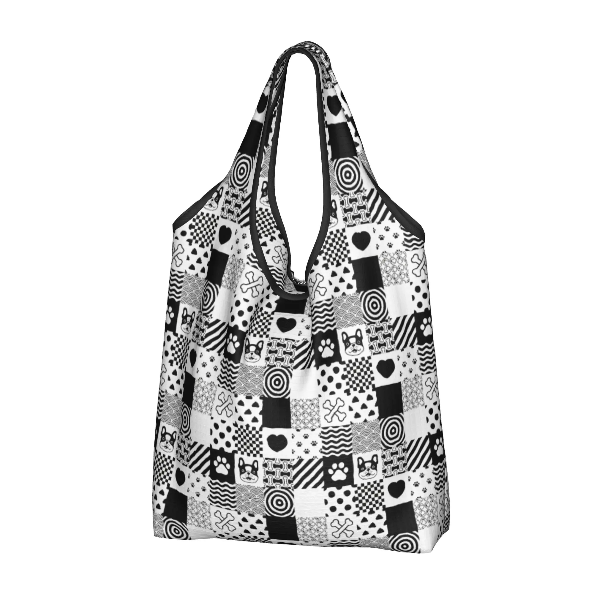 Dog Pattern French Bulldog paw Footprint Bone Polka Tote Shopping Bags Custom Frenchie Dog Lover Shopper Shoulder Bags  Handbag