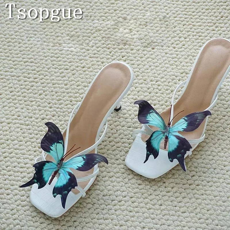 

Women Summer New Butterfly Slippers Brand Design Square Open Toe Thin High Heels Sexy Holiday Beach Sandals