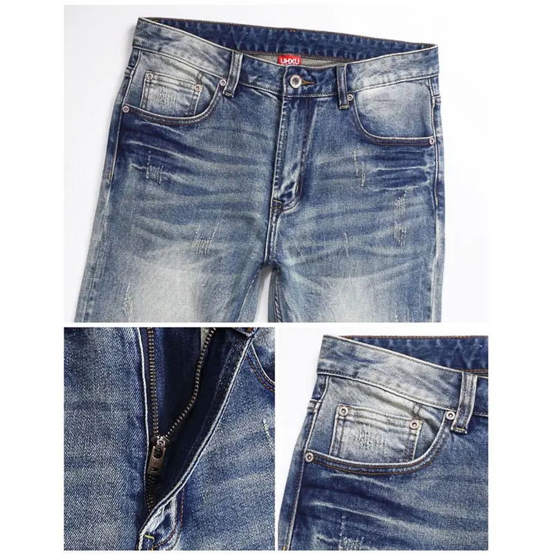 Designer Fashion Men Jeans High Quality Retro Light Blue Stretch Slim Fit Ripped Jeans Men Y2K Vintage Casual Denim Pants Hombre