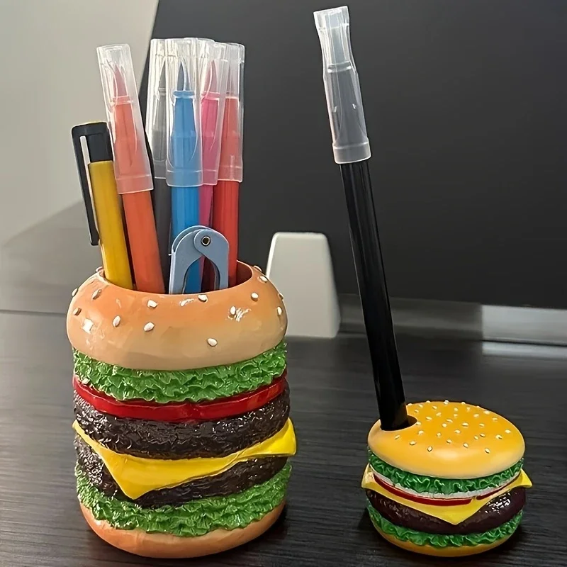 Delicious Burger Pen Holder Cute Burger Pen Cylinder Bedroom Desk Decoration Storage Organizing Pen Container Gift for Friends