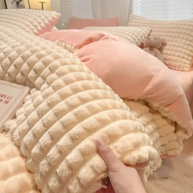 Winter Thickened Plush Warm Bedding Set Grid Style Milk Velvet Skin-friendly Bedclothes Smooth Soft Dual Sided Design Bed-linen
