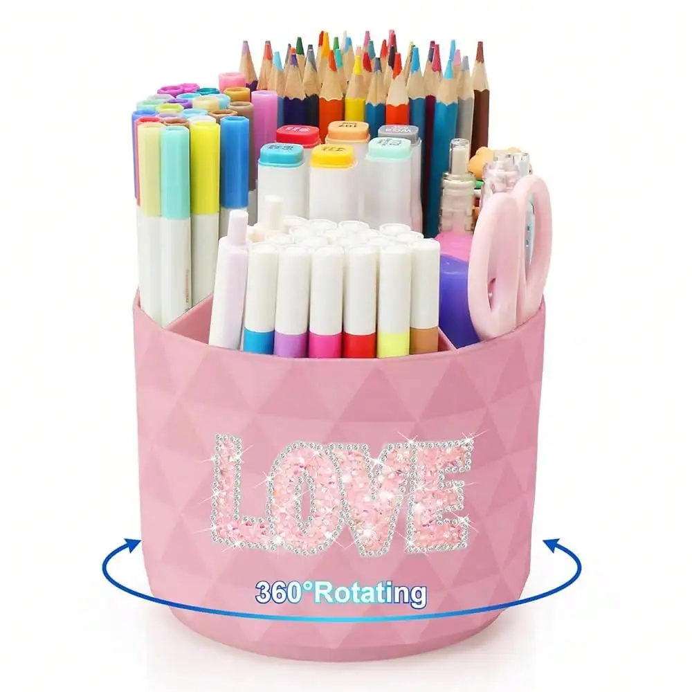 

Bling Desk Organizer, Glitter Love Rhinestone Rotating Pencil Pen Holders For Desk,Diamond-Patterned Pen Organizer With 5 Compartments,Stylish Desk Accessories For Office Schoolsss Home