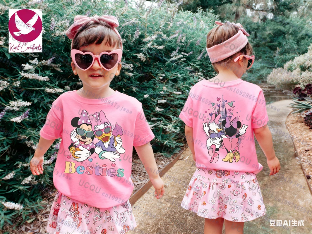 ميني ديزي Besties الوالدين والطفل تي شيرتات قصيرة الاكمام الخريف طفل/الكبار الأسرة المحملة Harajuku موضة عادية القطن الاطفال التي شيرت