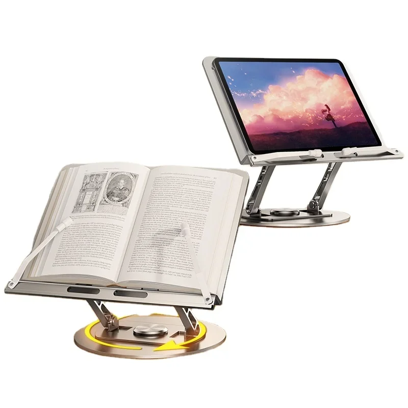 Foldable Aluminum Alloy Rotating Reading Stand with Dual Support Rods and Book Clip for Books