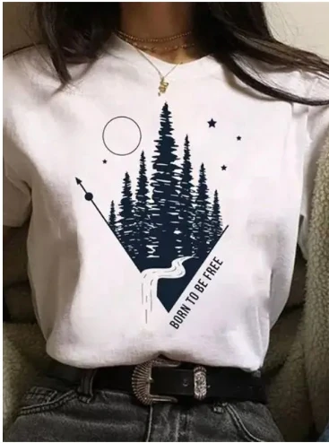 

New Funny Moon Print T Shirt Women White and Black Shirts Fashion Round Neck Short Sleeve T-Shirt Summer Tees Casual Top