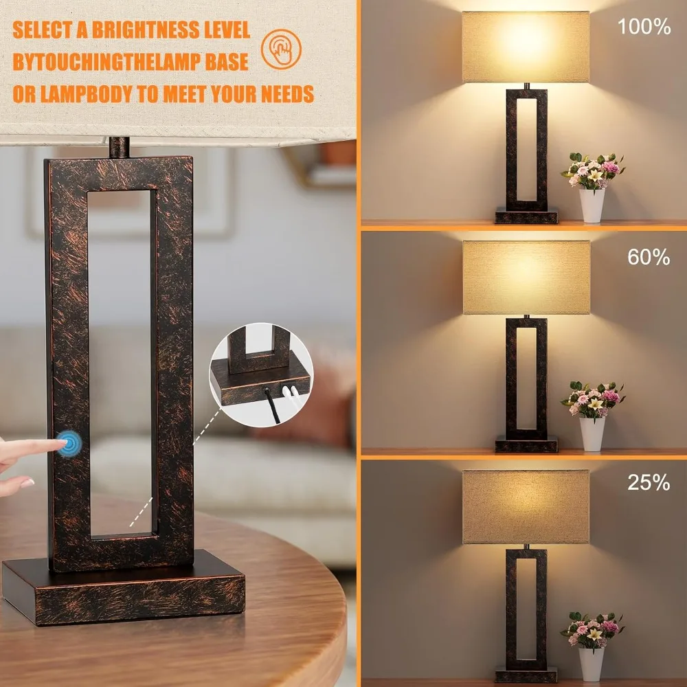 22" Touch Bedside Lamps Set of 2 with USB-C & A, 3-Way Dimmable Night Stand Lamps for Living Room, Bedroom, Beige & Brown view 3