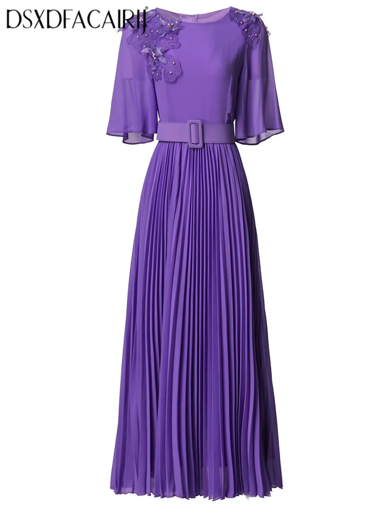 

DSXDFACAIRIJ Women's O-Neck Long Dress with Beading Appliques Pleated Flare Sleeves Sashes Elegant Party Summer Female Clothing