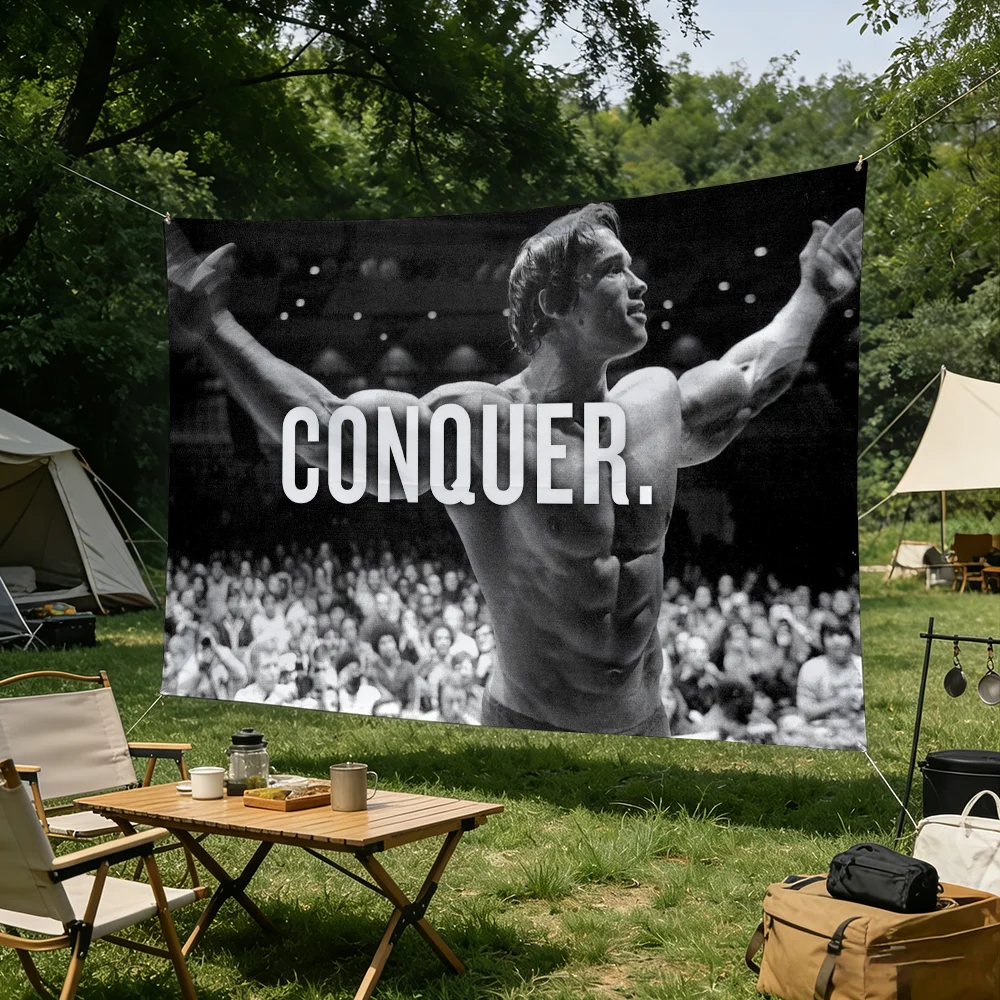 Arnold S-Schwarzenegger CONQUER flag Advertising Banner for Camping Decoration Outdoor & Garage Wall Hanging Decorations
