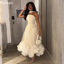 Verngo lvory Tulle Evening Dress Strapless A Line Pleat Arabic Prom Gowns Eid Formal Prom Party Dresses Customized