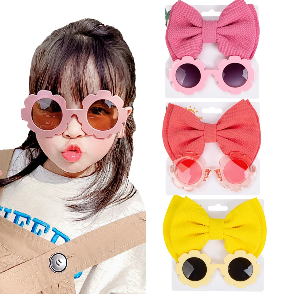 

2Pcs/Set Flower Round Sunglasses Elastic Nylon Baby Headbands Bohemia Beach Seaside Sun Glasses Kids Puff Bullet Bows Headwear