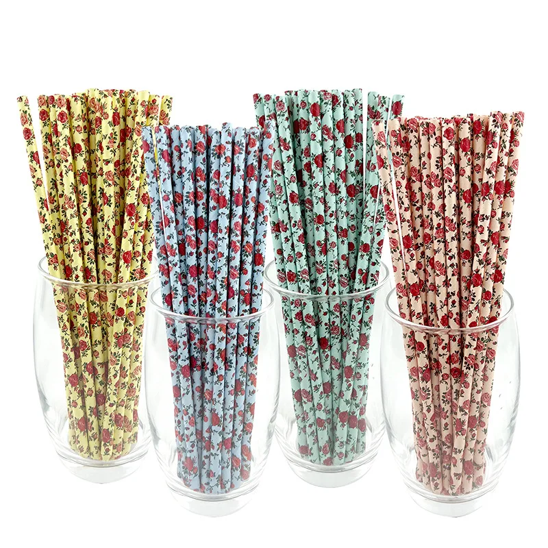 25Pcs Party Paper Straws Rose Flower Straws Wedding Birthday Decor Party Straws for Drinks Baby Shower Valentine's Day Supplies