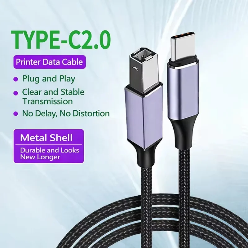 Cabo USB Tipo C para USB B 2.0 de alta velocidade para impressoras HP, Canon, Brother, Epson, Dell, máquinas de fax e scanners, cabo Tipo C