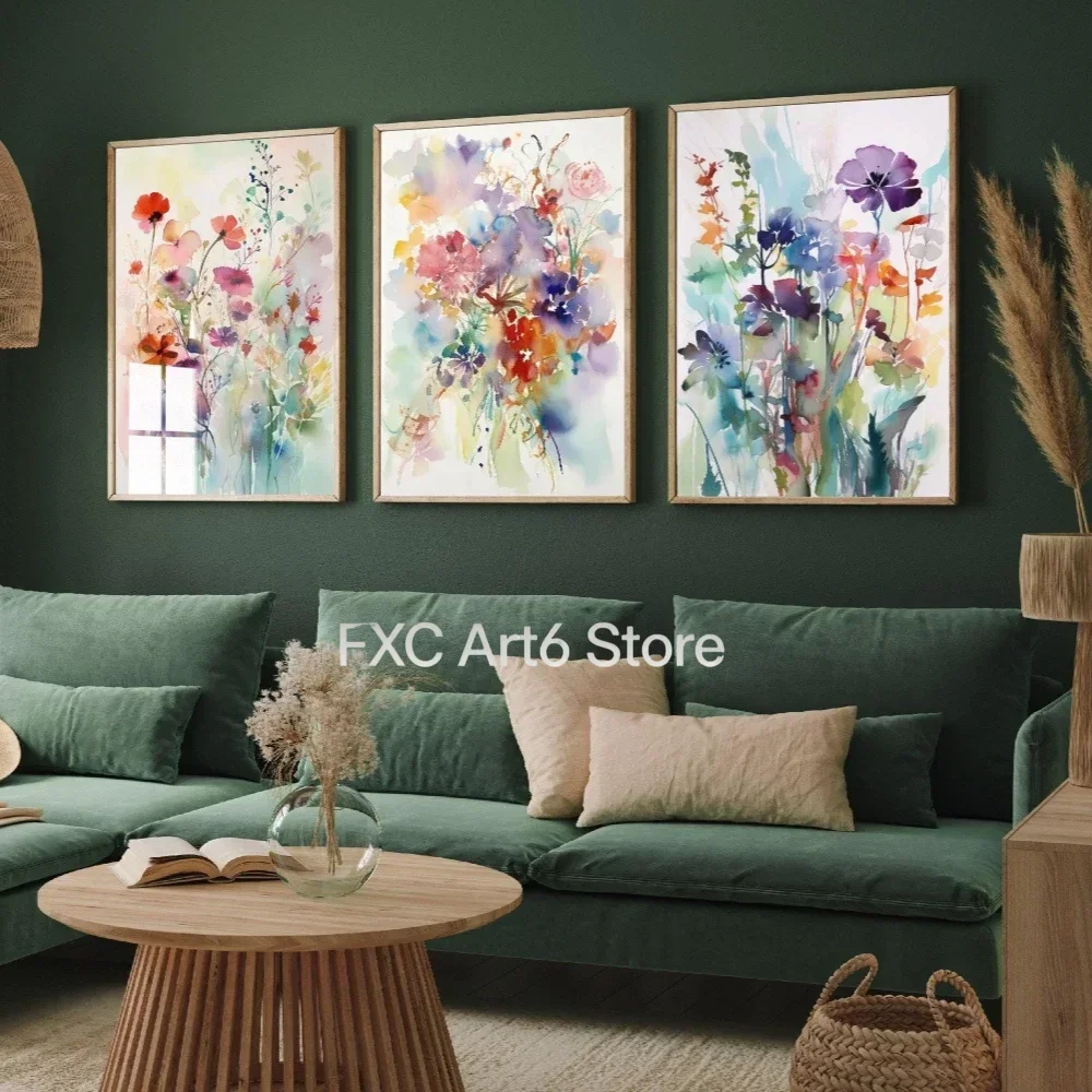 3PCS frameless Large-sized    Set of Three Beautiful Floral Watercolour Prints 3 Violet and Orange Fauna Paintings - Photo Post