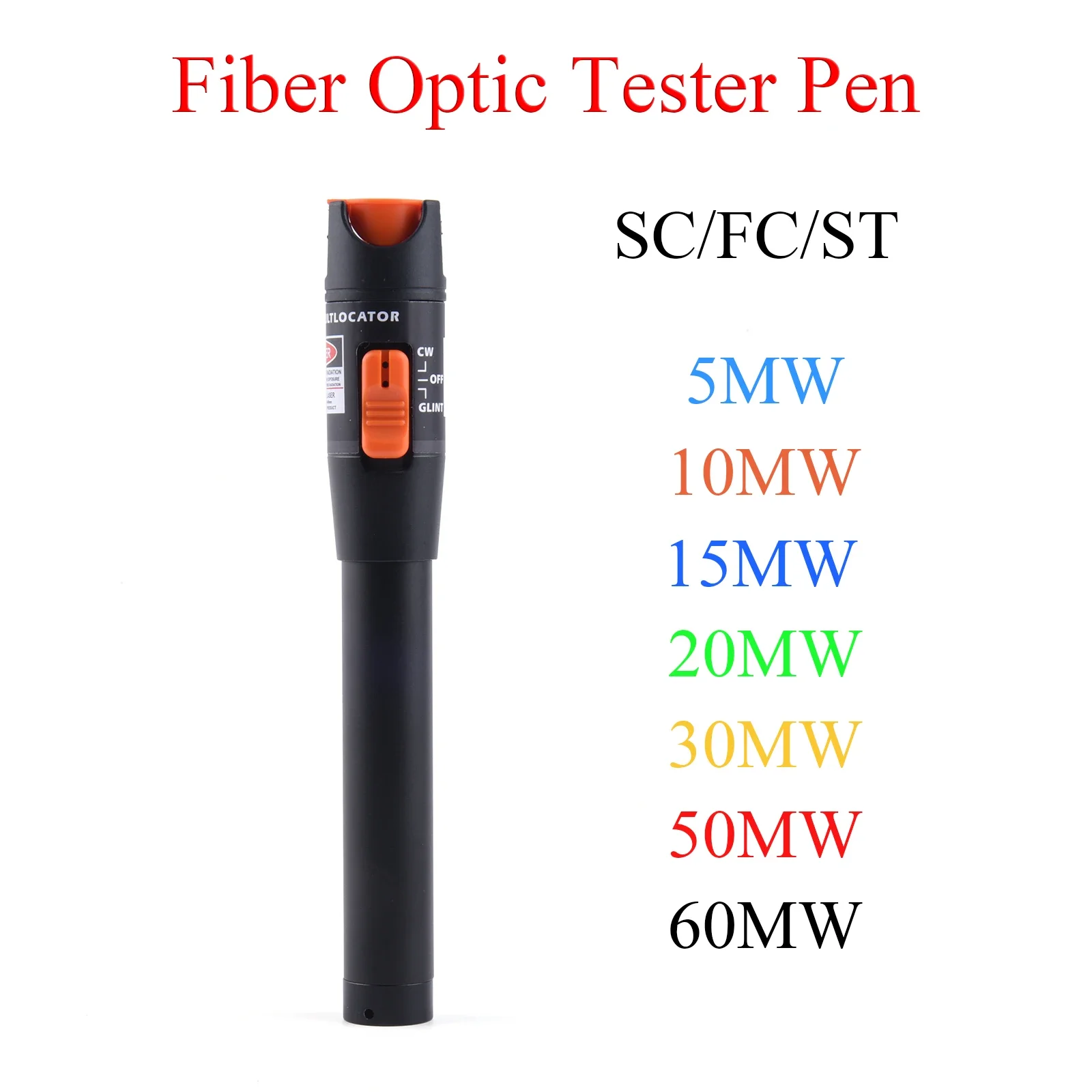 광섬유 테스터 도구 키트, 5MW, 10MW, 15MW, 20MW, 30MW, 50MW, 60MW, FTTH 광학 펜, SC, FC, ST 조절식 적색 레이저 파워 계량기, 1 개