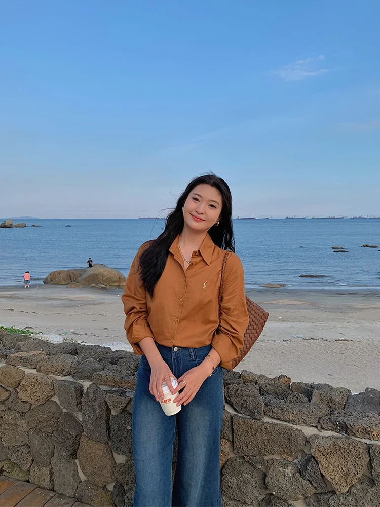 

plus Size Women's Embroidered Yellow Long Sve irt Comfortable Fit Lin Daxiao Autumn Faion Design Casual Ne irt