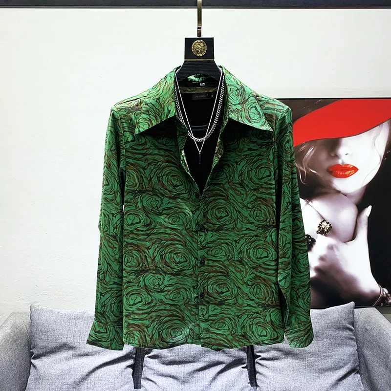 

Spring Summer New Sle Korean Version Long Sve irt Men Drapey Haome oulder Pad Large Collar irt Trendy Print Design