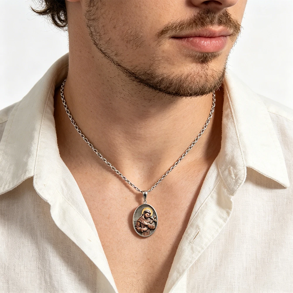 Bold Black & Silver St. Francis Medal Necklace Unisex Gothic Statement Jewelry