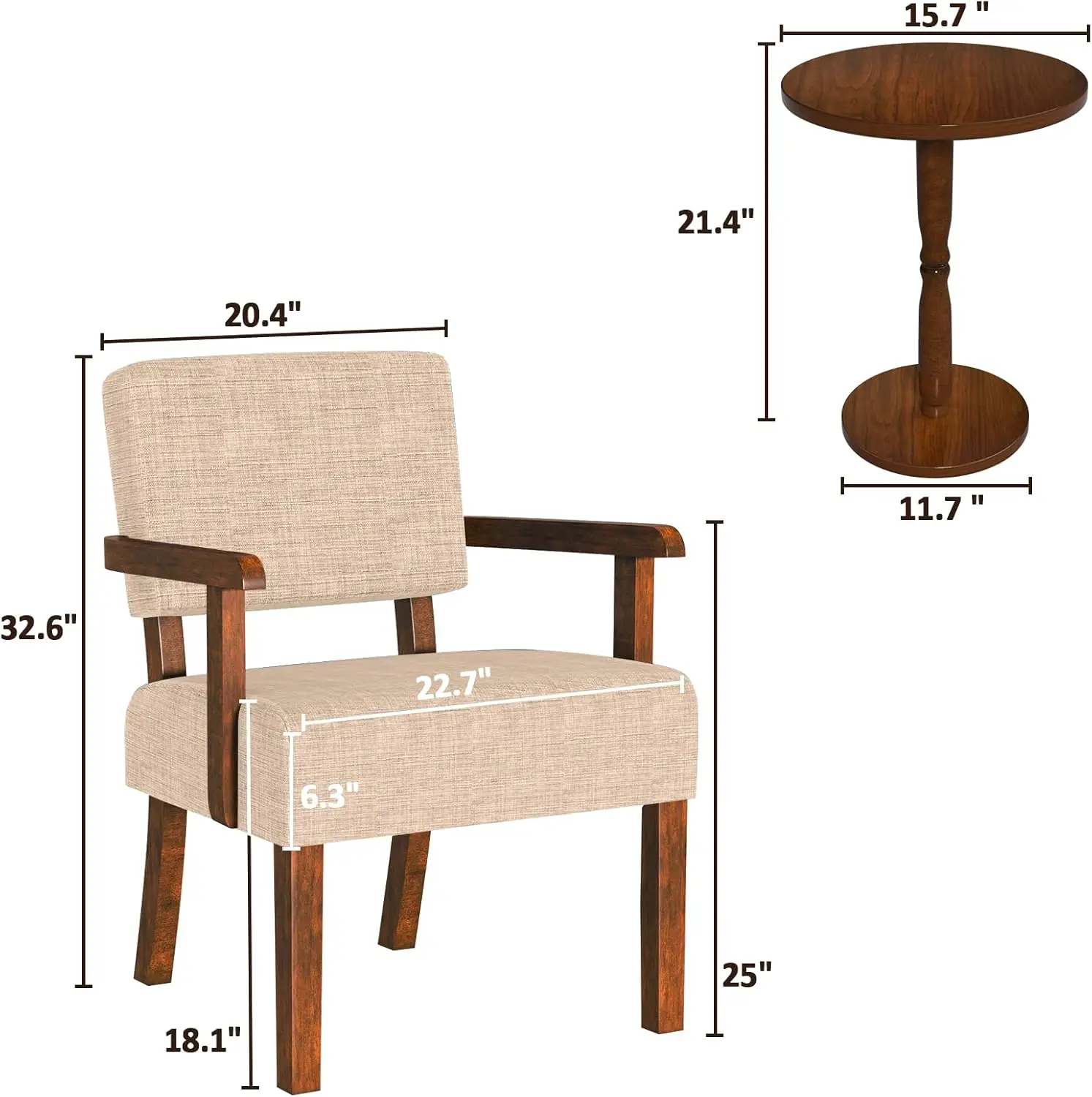 Accent Chairs Set of 2, 2 Solid Wood Armchairs with Side Table | Living Room Chairs with Soft Thicken Cushion, Comfy Reading
