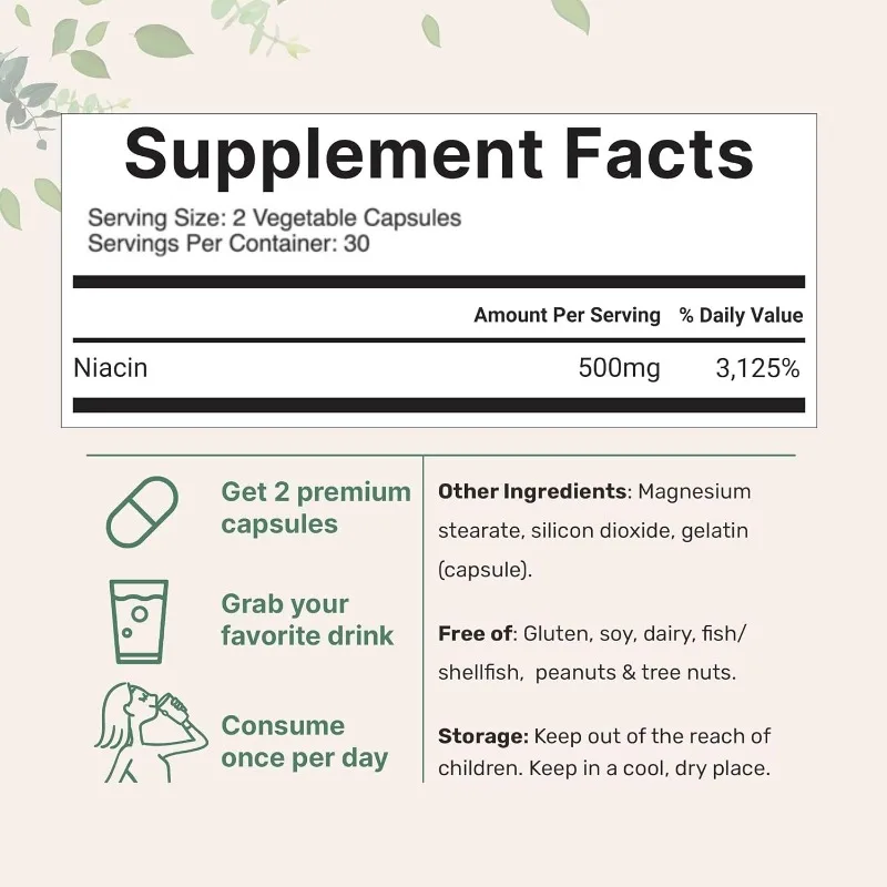Niacin 500mg Per Serving, 60 Capsules - Essential B Vitamin Supplement for Skincare Health and Energy Support