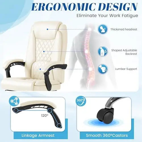 كرسي مكتب مريح مع مسند للقدمين، كرسي مهام دوار من الجلد، 90-135 °   استلقاء، بيج #4