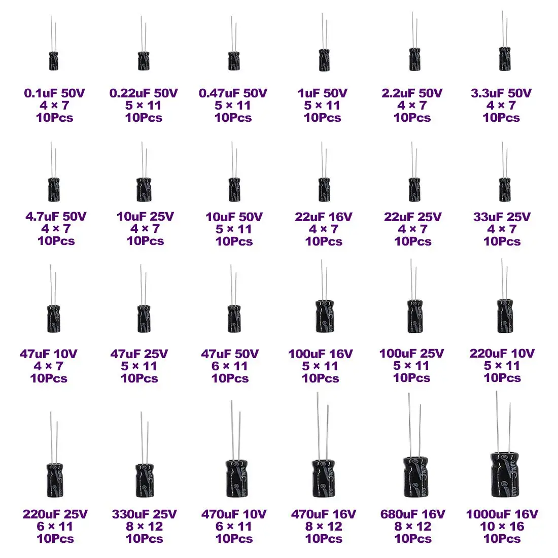 24 Values Electrolytic Capacitor Assortment Kit from 0.1uF to 1000uF 10V 16V 25V 50V in-line Aluminum Capacitors Set
