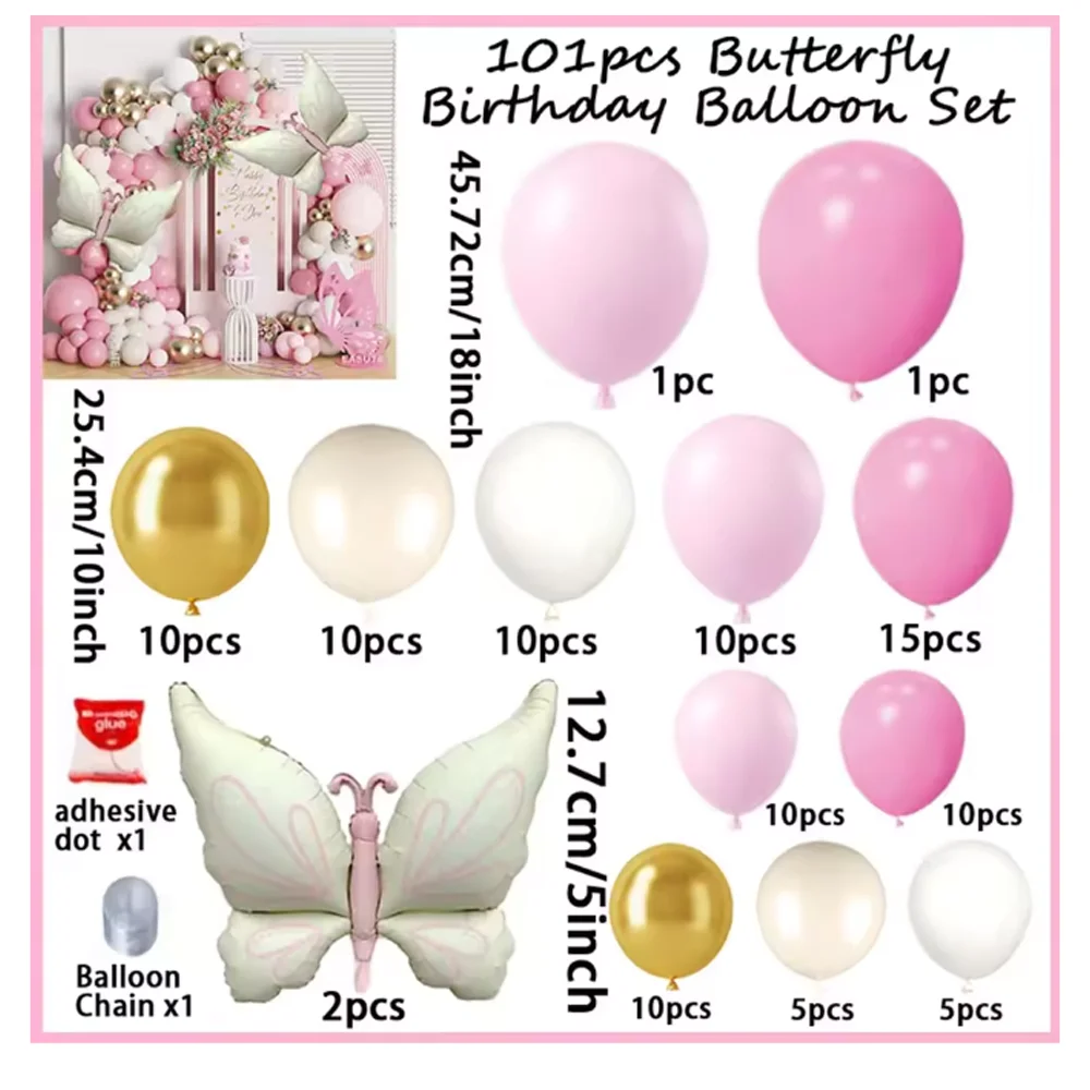 101pcs Pink Gold White Butterfly Aluminum Foil Balloon Set for Birthday Wedding Party Photo Backdrops And Decorations