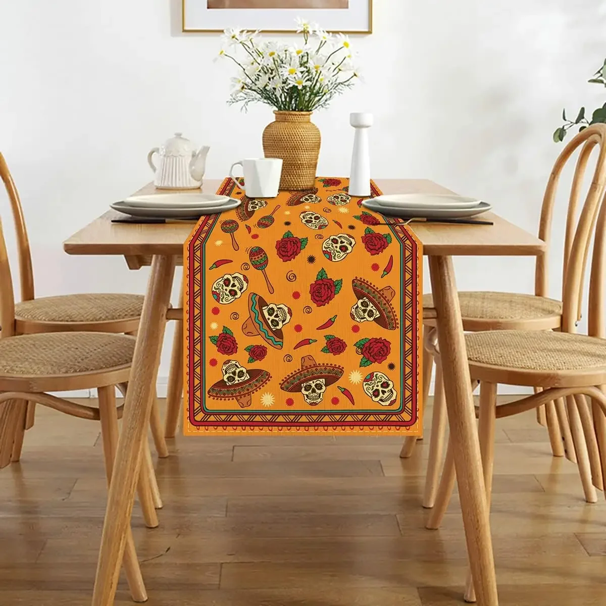 Mexican Day Of The Dead  2026 Table Runner Home Decor Mexico Sugar Skull Dia De Los Muertos Table Runners Fiesta Party Decor