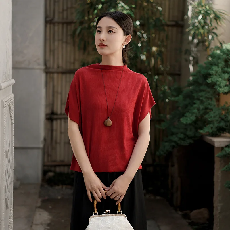 

Women's Summer Short Sleeve t-shirt Women's Half High Neck Plate Button Vintage Wool Knit Soft Bat Sleeve Top