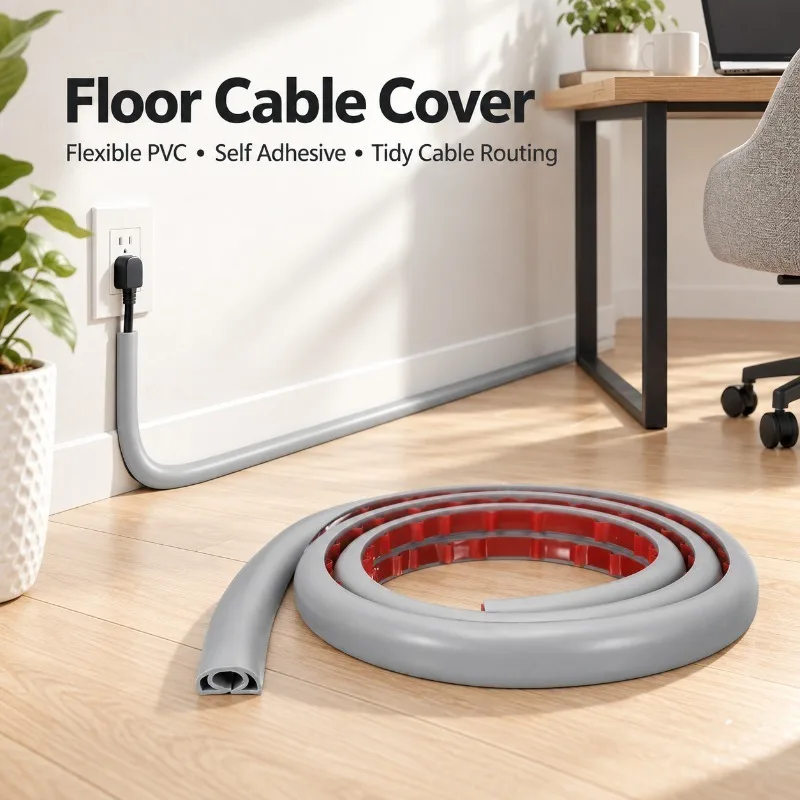 1PC 1/2/3Meters PVC Floor Cord Cover, Self Adhesive Flexible Cable Raceway Wire Hider for Home Office Cable Management